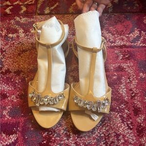 Miu Miu Tan T-Strap Jeweled Sandals